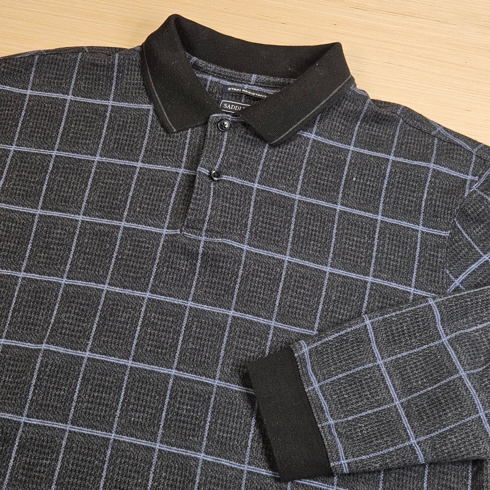 Vintage Grandpacore Waffle Knit Saddlebred Polo Men L Gray Plaid Long Sleeve